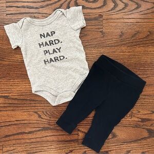 Grey Bodysuit “Nap Hard Play Hard” w/ Coordinating Black Leggings Baby 3-6 Mo